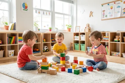 Salle de crèche lumineuse avec des enfants jouant sur un tapis