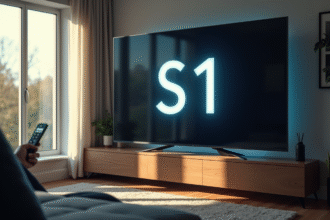 Salon moderne avec TV affichant erreur S1 et personne inquiète