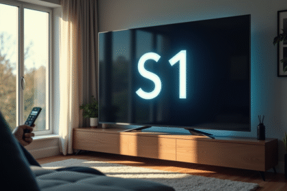 Salon moderne avec TV affichant erreur S1 et personne inquiète