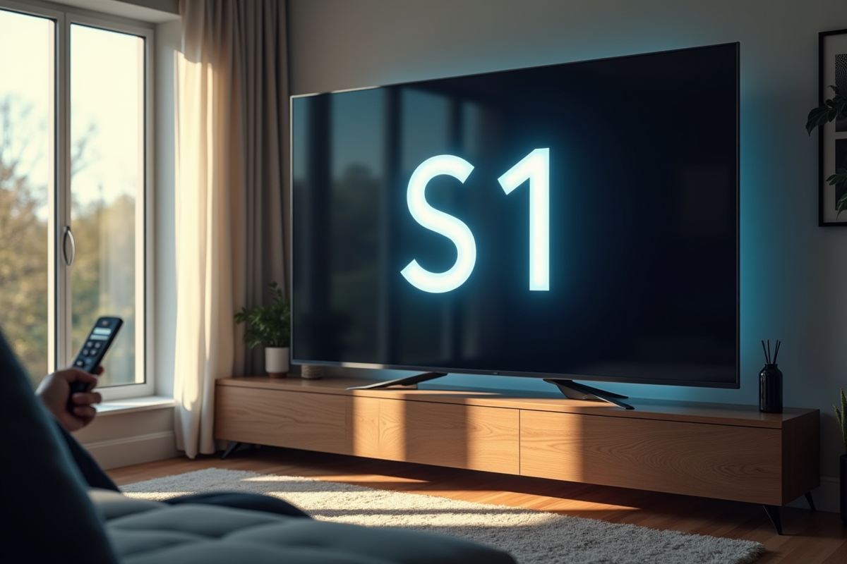 Salon moderne avec TV affichant erreur S1 et personne inquiète