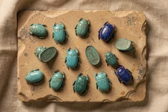 Collection de scarabées égyptiens anciens en faïence turquoise et lapis-lazuli posés sur une surface en pierre avec inscriptions hiéroglyphiques