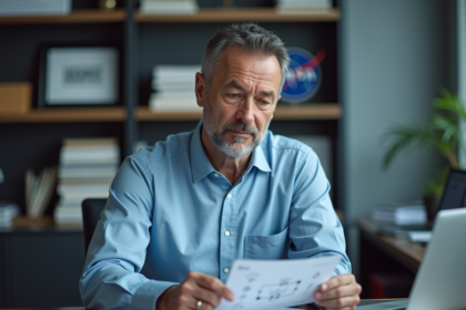 Scientifique homme en bureau moderne regardant un schematic de quantum