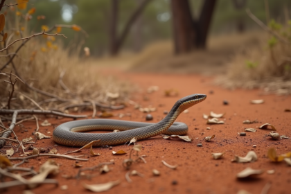 Serpent brown d'Australie glissant dans la savane sèche