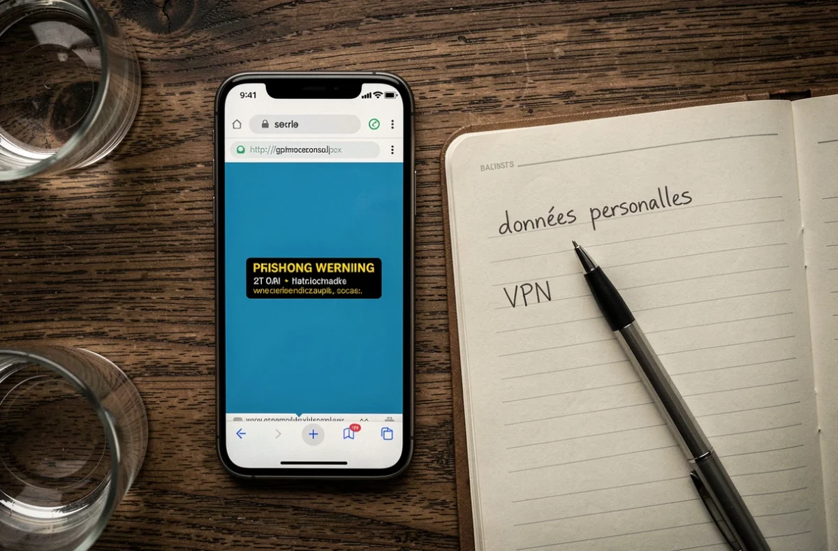 Vue aérienne d'un smartphone affichant un avertissement de phishing sur un site de scan One Piece avec des notes manuscrites sur la protection des données