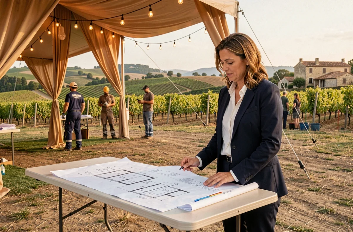 Cheffe de projet de SOP Events supervisant l'installation d'un événement en plein air en Occitanie