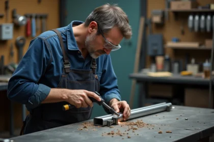 Soudeur professionnel assemblant deux tubes carrés en aluminium par soudage MIG dans un atelier métallurgique