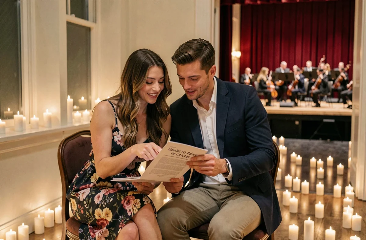 Deux spectateurs comparant leurs programmes entre concert Candlelight et soirée classique traditionnelle