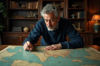 Homme étudiant une carte de bataille navale ancienne sur une table en bois dans une bibliothèque historique