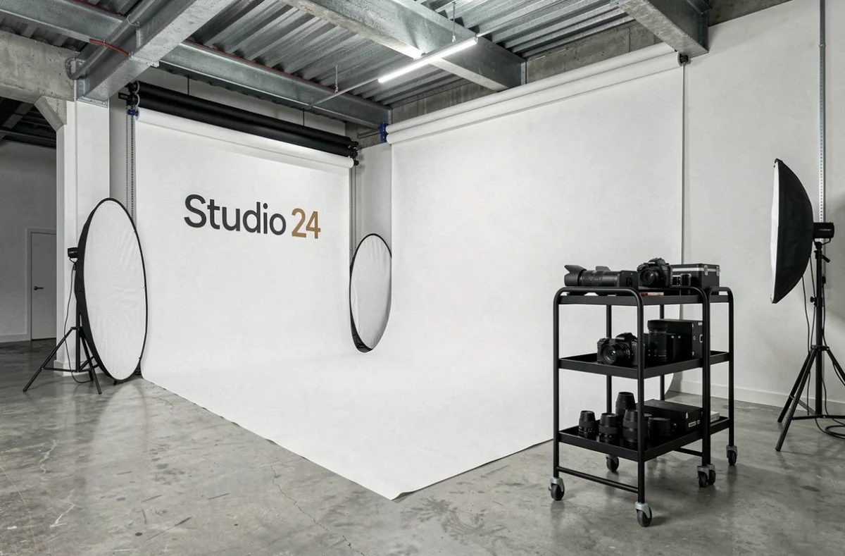 Intérieur moderne du Studio 24 Photography avec fond blanc, réflecteurs et sol en béton poli