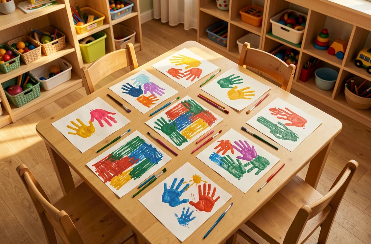 Table d'atelier de peinture avec pinceaux et dessins d'enfants