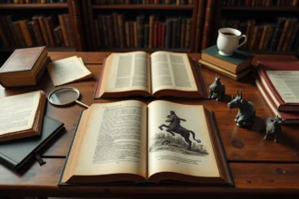 Table de travail avec livres ouverts sur la mythologie du Minotaure, figurines en bronze et notes manuscrites pour une recherche approfondie