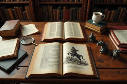 Table de travail avec livres ouverts sur la mythologie du Minotaure, figurines en bronze et notes manuscrites pour une recherche approfondie
