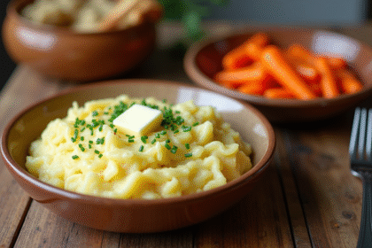 Table rustique avec purée de pommes et carottes