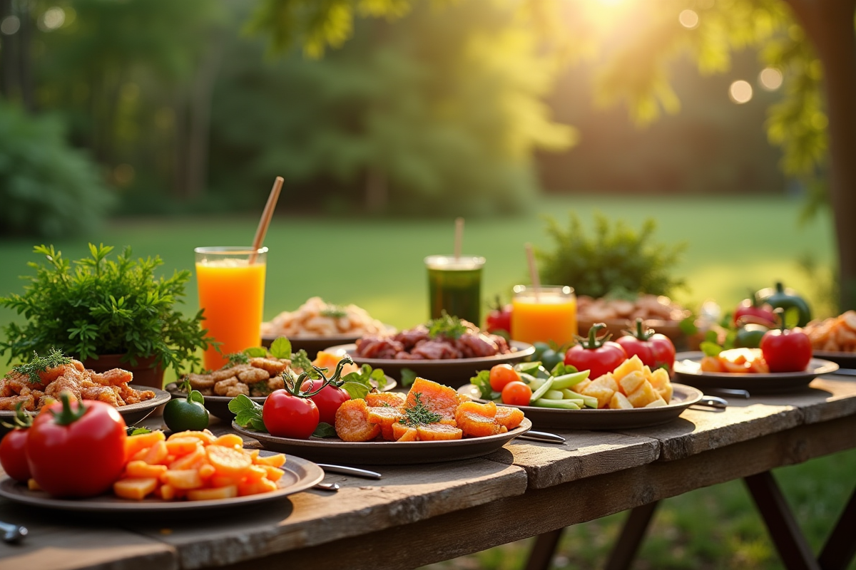 Table en plein air avec plats de fruits et legumes V
