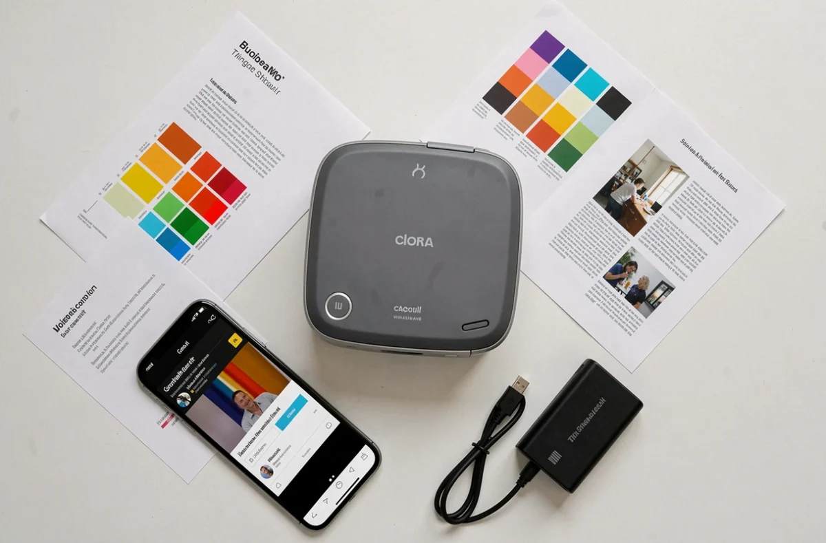 Vue du dessus d'une imprimante portable couleur entourée de pages de test imprimées, câble USB-C et batterie externe sur fond blanc