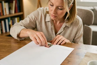 Femme collant un timbre dans le coin supérieur droit d'une enveloppe A4 blanche sur un bureau en bois