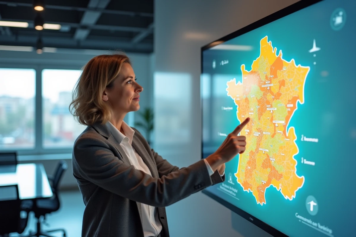 Urbaniste présentant la carte mise à jour des communes et regroupements du département 61 sur écran interactif