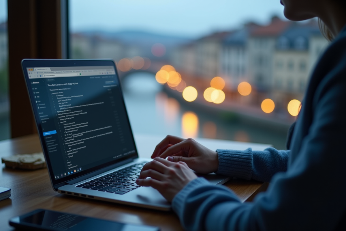 Personne utilisant webmail avec vue sur Lyon en arrière-plan