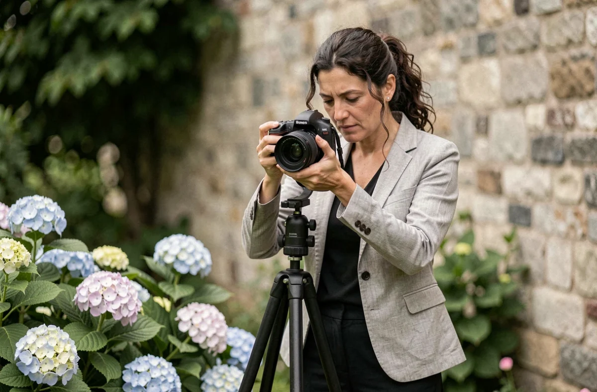 Valérie Teppe photographe professionnelle à Limoges ajustant son appareil photo dans un jardin fleuri