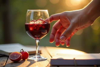 Verre de vin rouge brillant sur une table en bois ensoleillee
