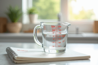 Verre mesure d'eau sur plan de cuisine lumineux