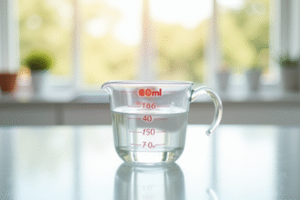 Verre mesureur rempli de 200 ml d'eau sur plan de cuisine lumineux