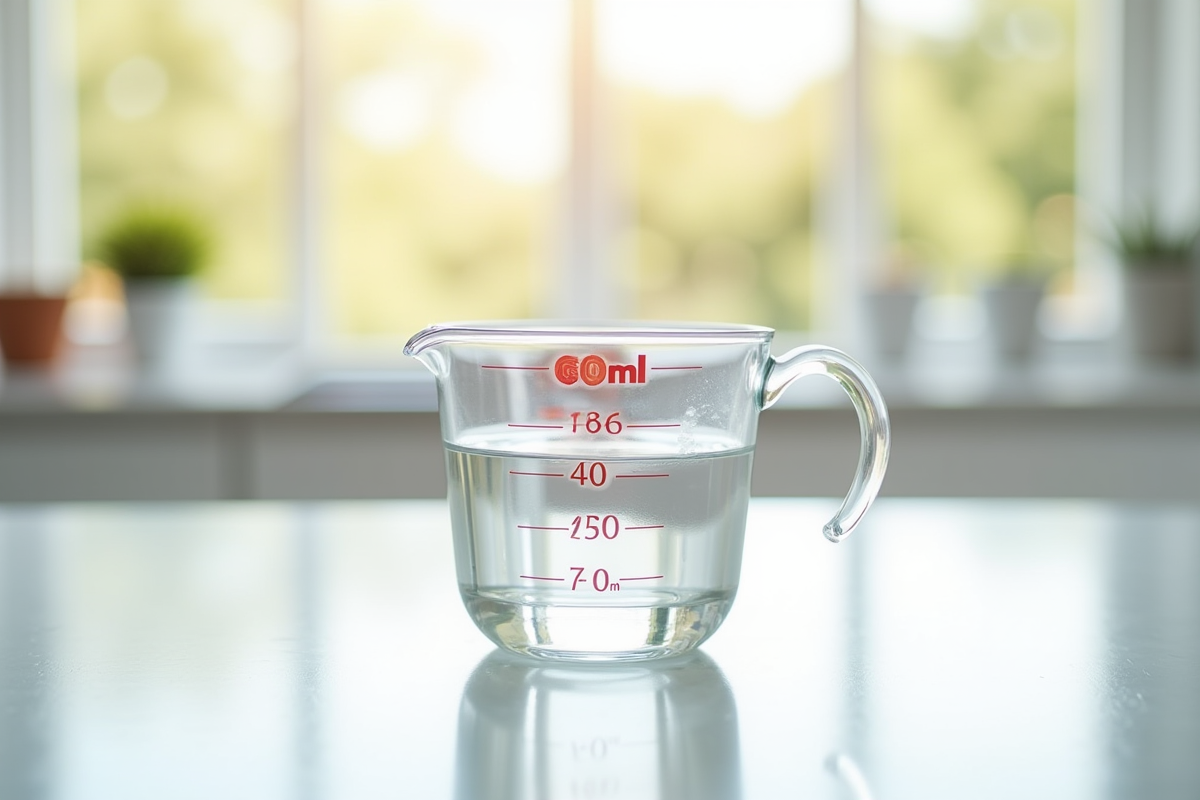 Verre mesureur rempli de 200 ml d'eau sur plan de cuisine lumineux