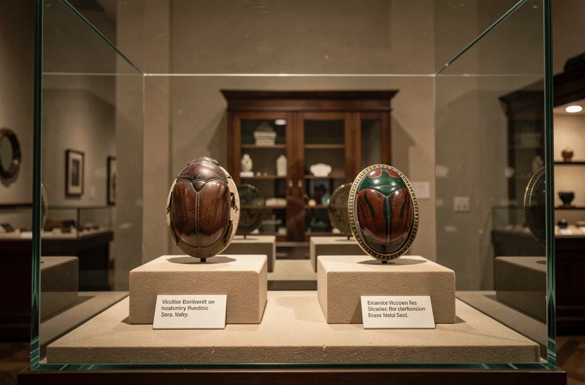 Vitrine de musée présentant un scarabée égyptien antique et un bijou scarabée victorien côte à côte avec étiquettes d'identification