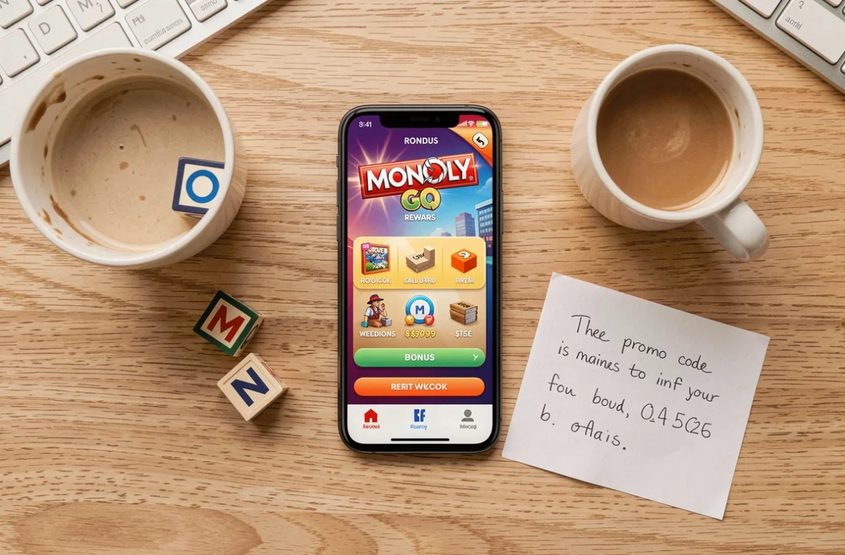 Vue de dessus d'un bureau avec un smartphone affichant le bonus Monopoly GO Club des magnats, un jeton de jeu et un code récompense manuscrit