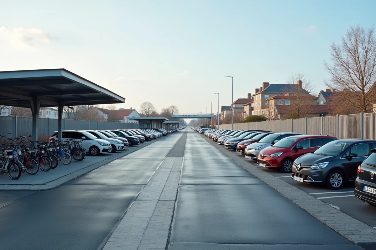 Vue aérienne d'un parking relais connecté à la ligne 2 du tramway de Nantes