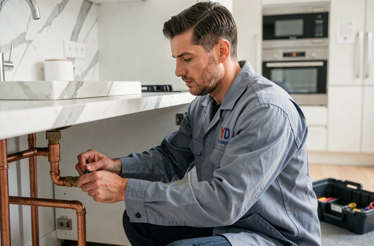 Technicien YD Plomberie Lyon installant des raccords en cuivre sous un évier de cuisine moderne