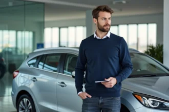 Youtubeur automobile analysant une voiture dans une concession avec un carnet de notes à la main